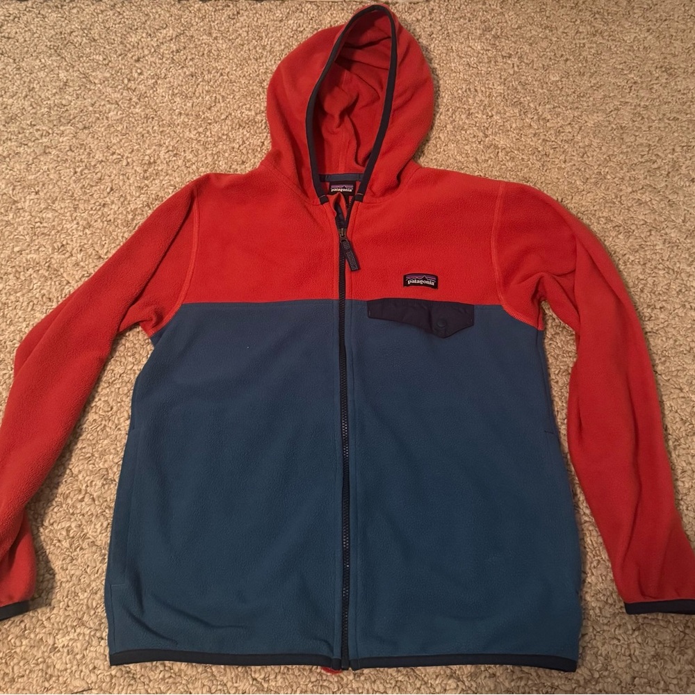 Patagonia Red and Blue Hooded Fleece Jacket